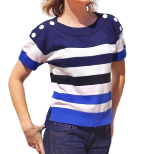 Cabi 5448 Sailor Navy Blue Striped Short Sleeve Nautical Preppy Sweater Medium